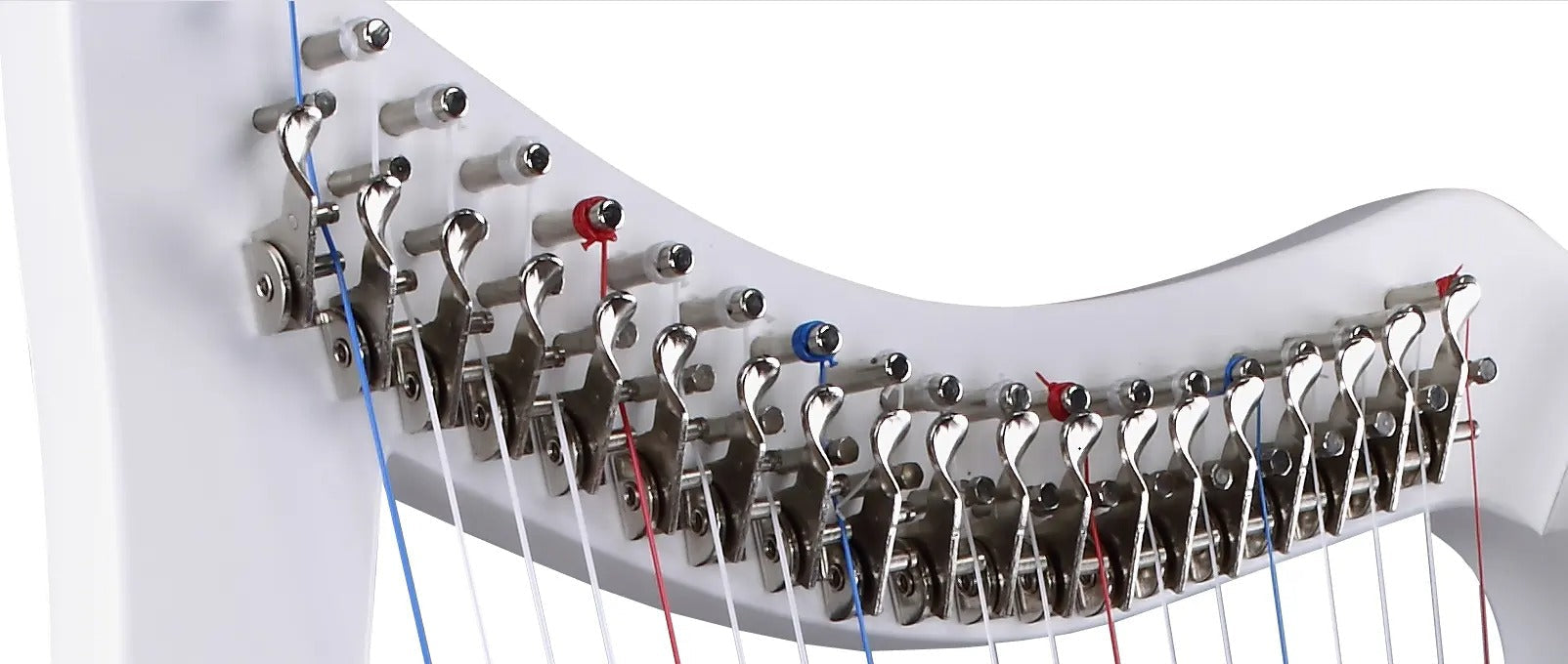 Row of tuning pegs with colorful pins on 19-String Irish Lyre Harp with Levers