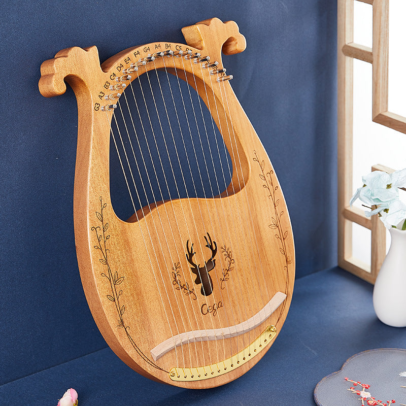 Wooden 16-String & 19-String Mahogany Lyre Harp with Deer Head and Floral Patterns