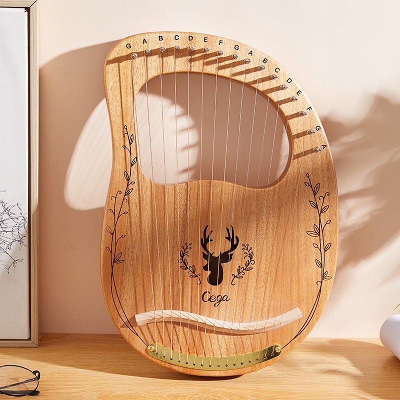 Wooden Lyre Harp with Deer Antler Design and Floral Engravings on Mahogany Finish