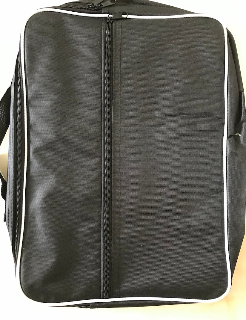 Black backpack with white trim and vertical zipper for 16-String & 19-String Lyre Harp