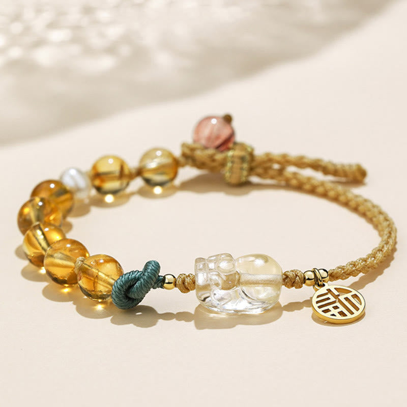 8mm Citrine Prosperity Bracelet with Fu Character and PiXiu Talisman