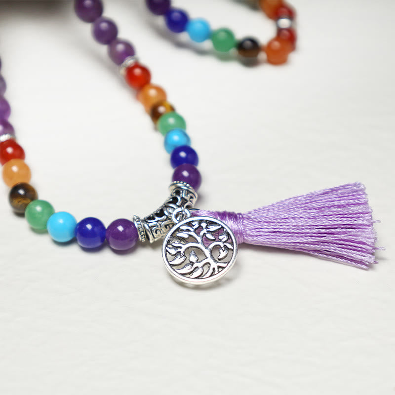 Unisex 108 Perlen Mala Halskette mit Amethyst & Tigerauge Heilperlen