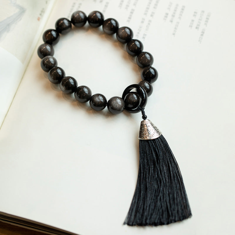 16 mm silberner Obsidian-Löwe-Handgelenk-Mala für Schutz und Weisheit