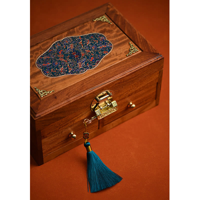 Antike, handgefertigte Schmuckschatulle aus rotem Sandelholz und Rosenholz