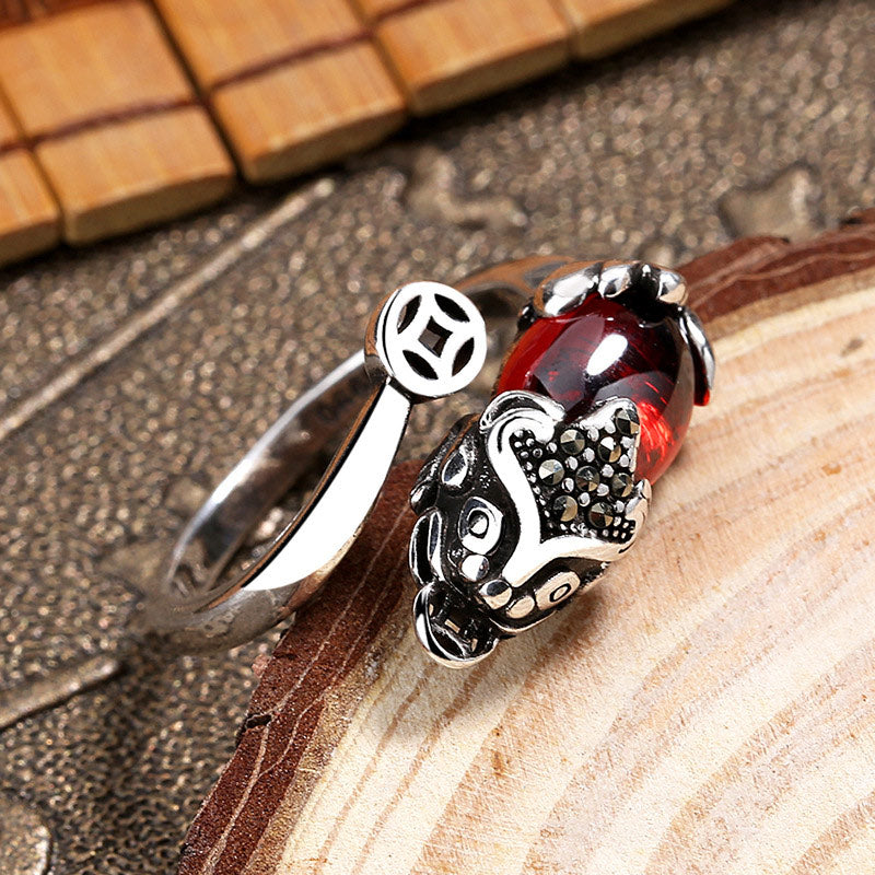 Adjustable Copper Garnet Pixiu Wealth Feng Shui Ring