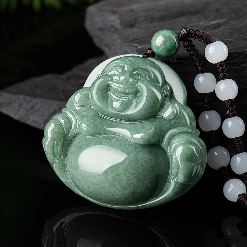 Lachender Buddha Cyan Jade Harmonie Halskette