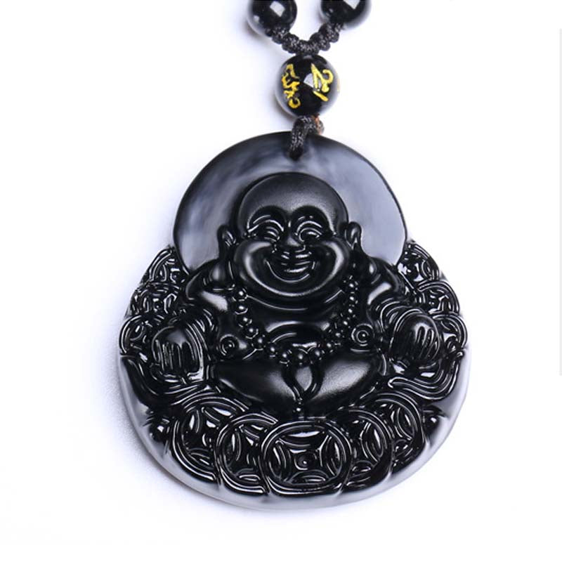 Schwarze Obsidian Lachender Buddha Kraft Schutz Halskette