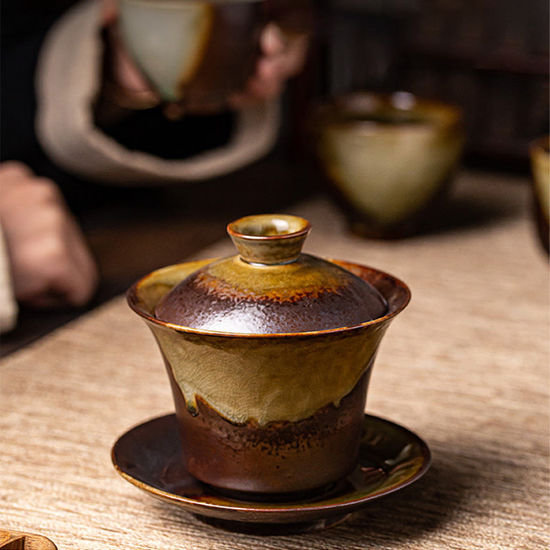 Vintage Braune Ofenkeramik Gaiwan Sancai Teetasse mit Deckel