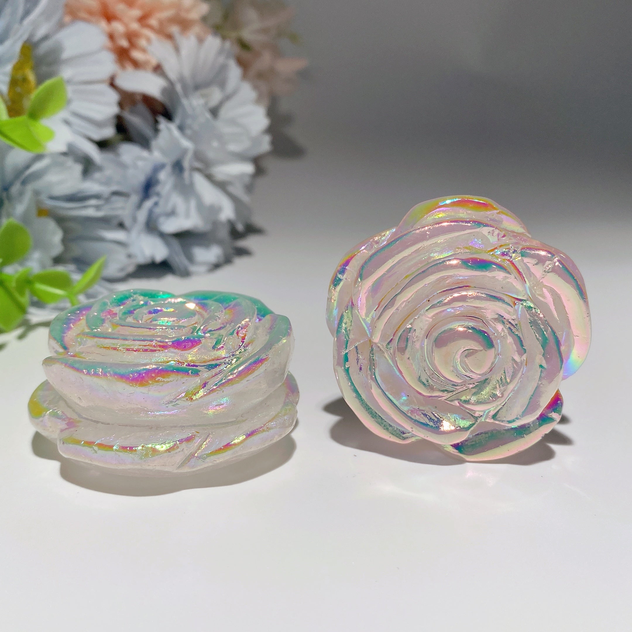 2,0 Zoll Aura Rosenquarz Kristall Blumenschnitzerei