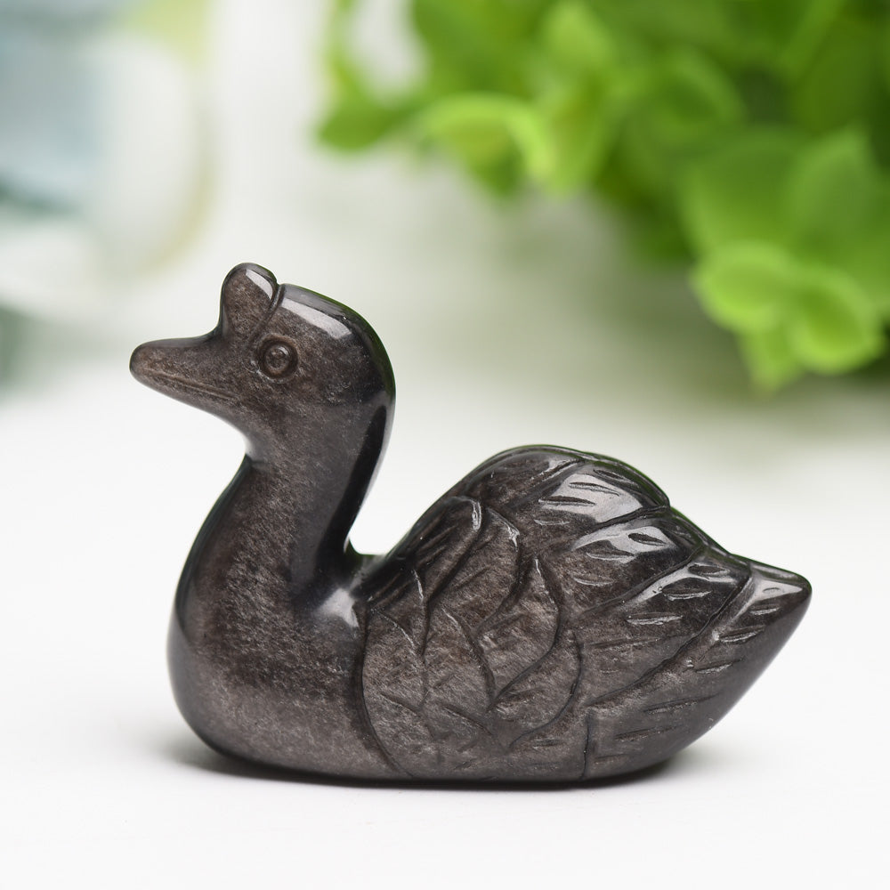 2,2 Zoll Silber Obsidian Schwan Kristall Schnitzerei