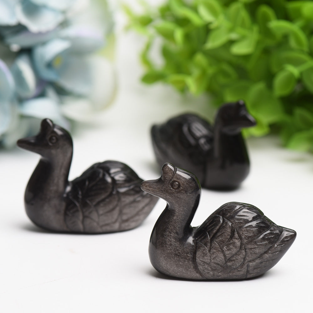2,2 Zoll Silber Obsidian Schwan Kristall Schnitzerei