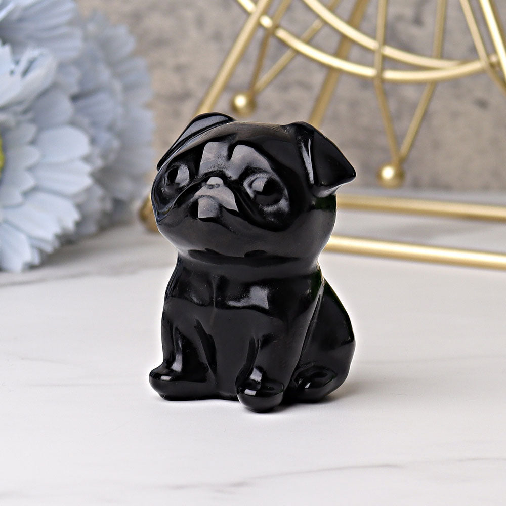 2,3 Zoll große Mops-Hundefigur aus schwarzem Obsidiankristall
