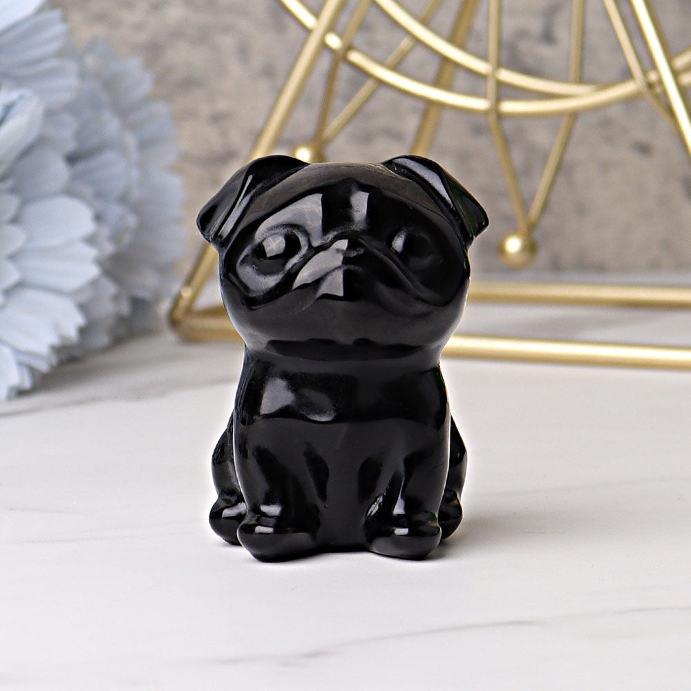 2,3 Zoll große Mops-Hundefigur aus schwarzem Obsidiankristall