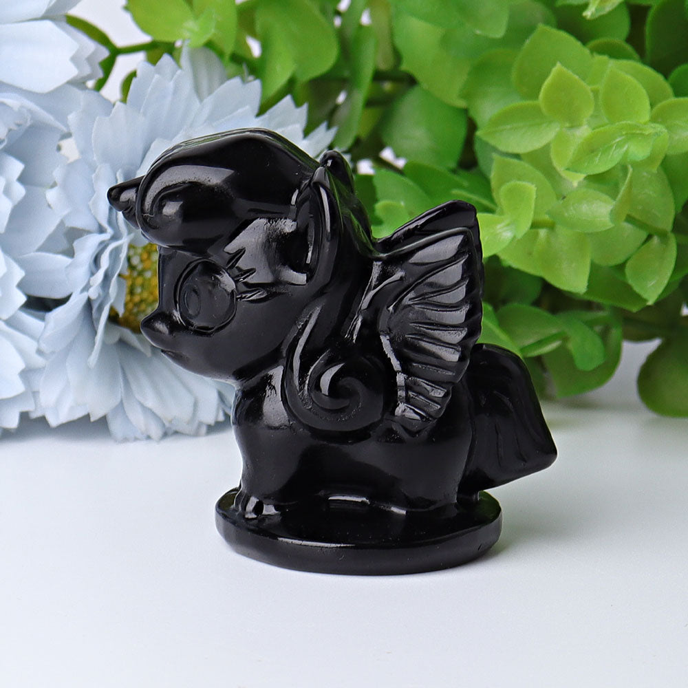 2,3 Zoll große Einhorn-Kristallschnitzerei aus schwarzem Obsidian
