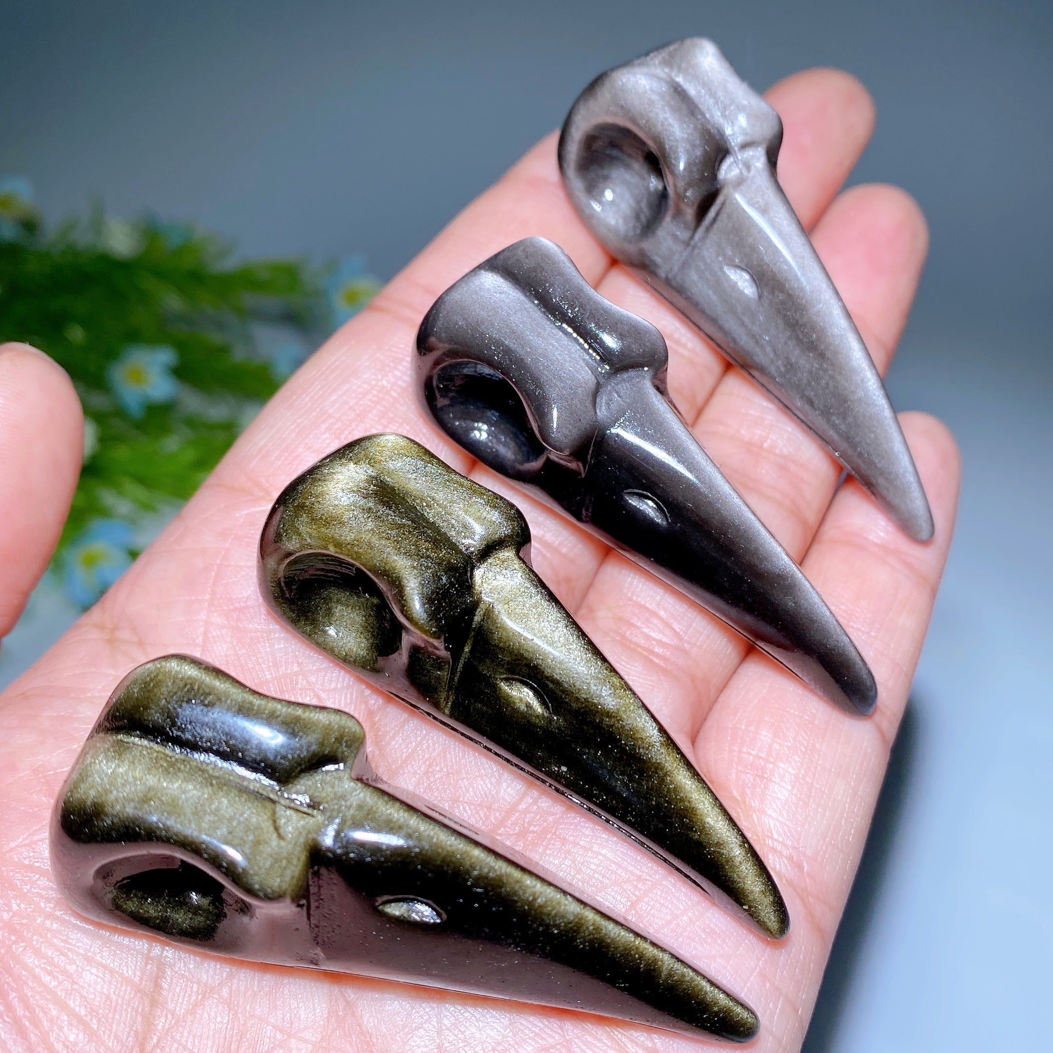 2,3 Zoll goldener Obsidian Rabenschädel Kristallschnitzerei