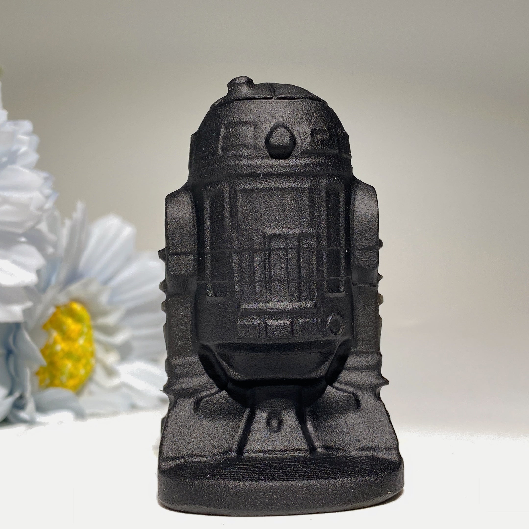 2,5 Zoll schwarze Obsidian R2D2 Kristall Figur Schnitzerei
