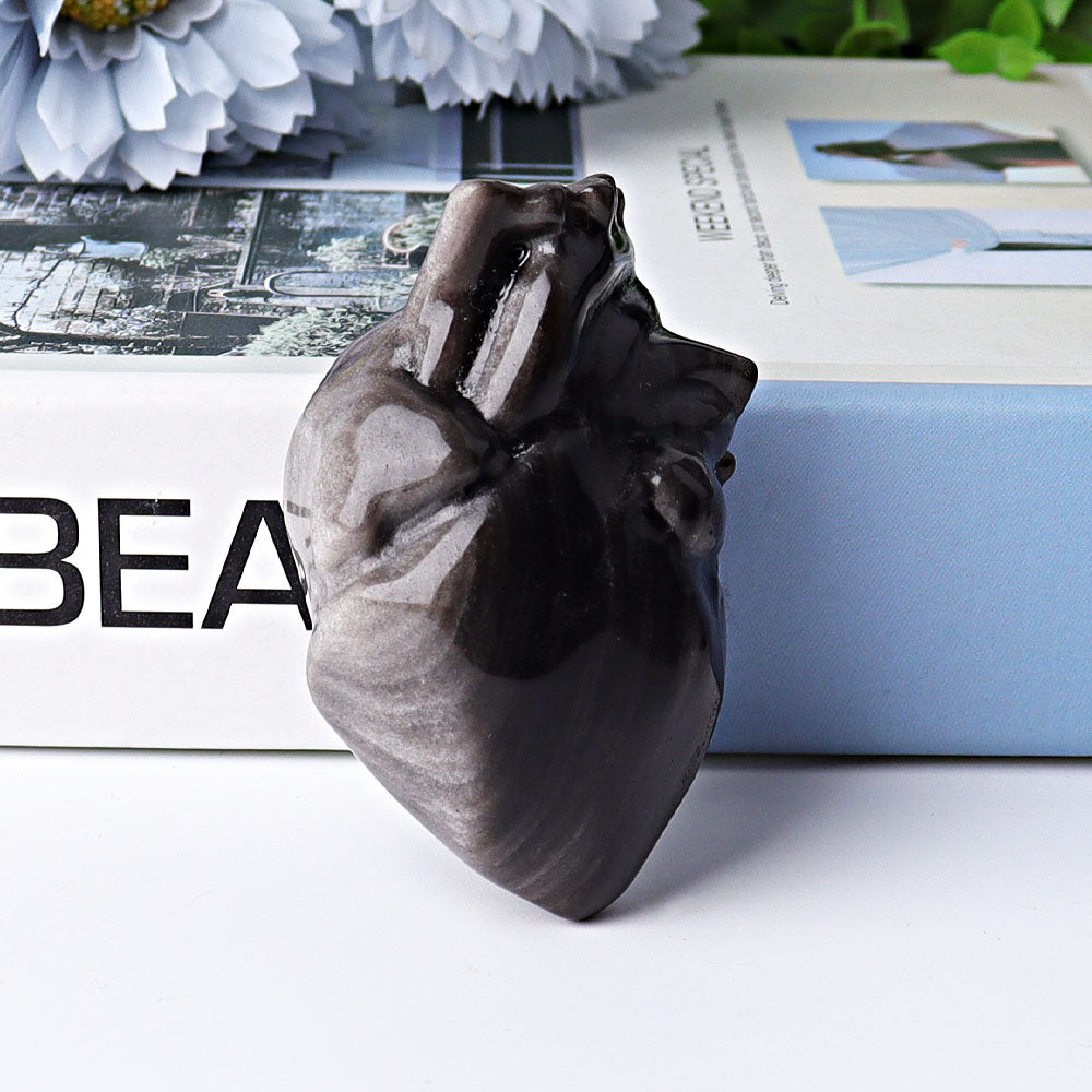 2,7 Zoll Silber Obsidian Herz Kristall Schnitzerei
