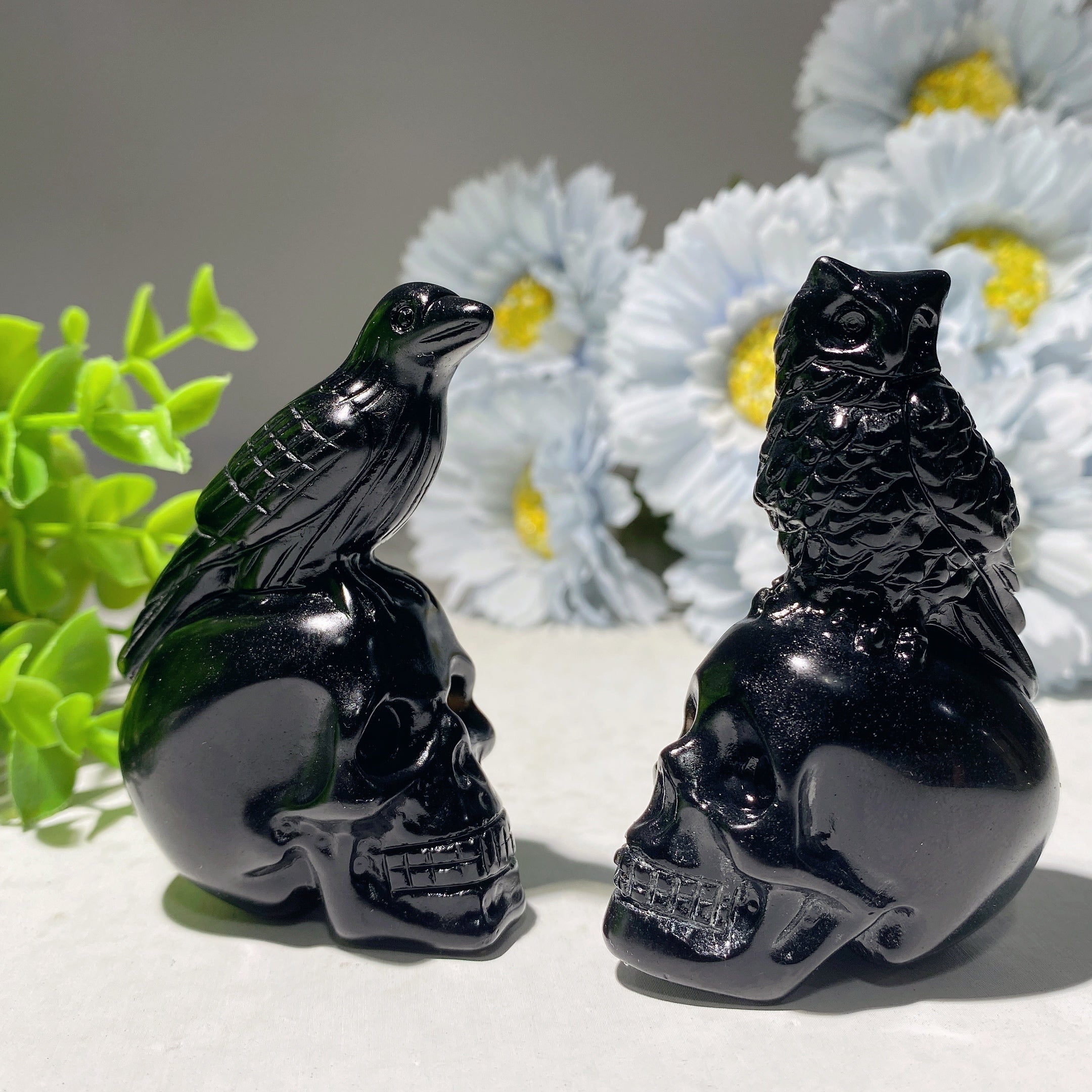 2.8 inch Black Obsidian Skull with Raven or Owl Carvings