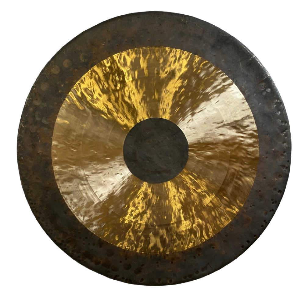 Traditional Chinese gong with golden center for sound healing, includes beater