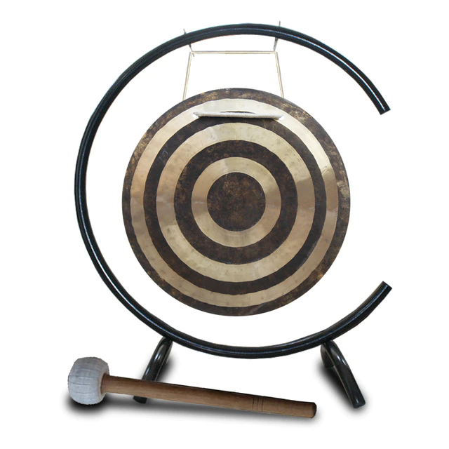 Circular gong with concentric rings on C-type stand for sound healing