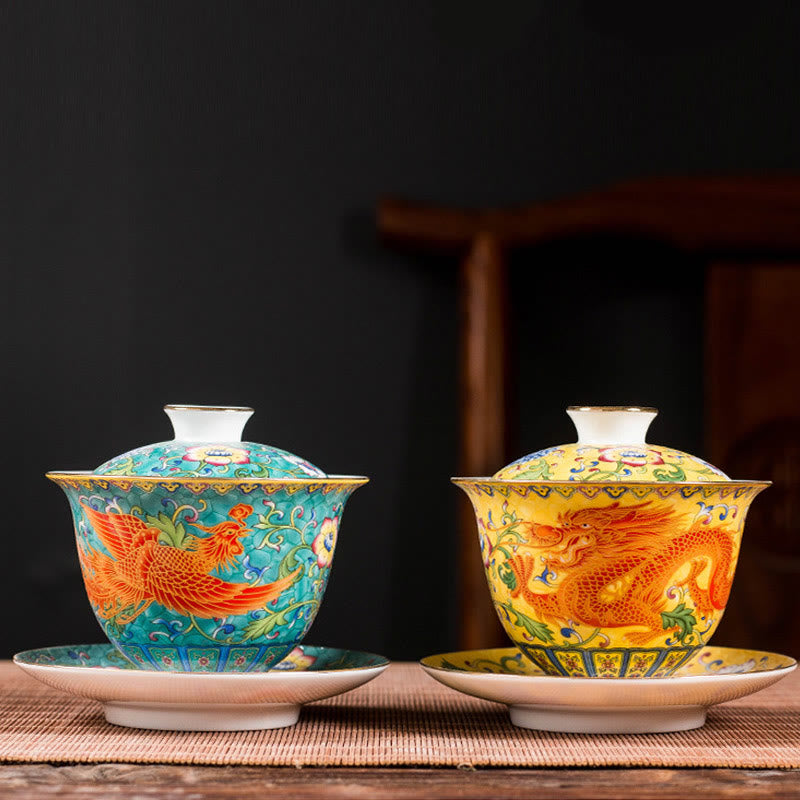 Keramik-Gaiwan-Teetasse mit Drachen-Phönix-Motiv, 160 ml, mit Deckel