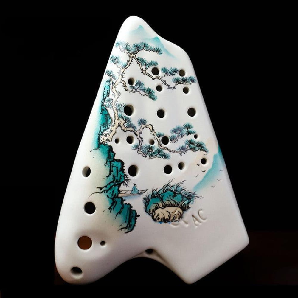 White ceramic 21 Hole Alto C Triple Ocarina with turquoise and black dragon design