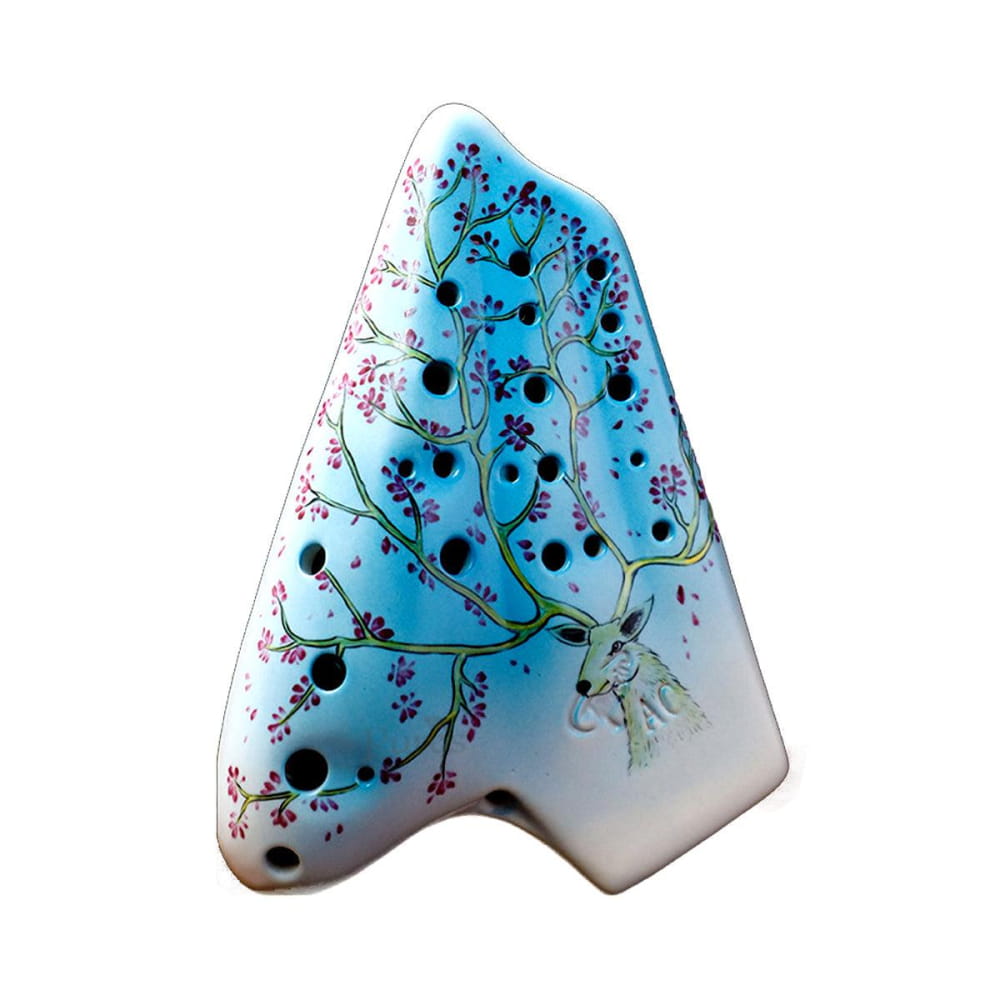 Triangular 21 Hole Alto C Triple Ocarina with blue floral and branch decorations