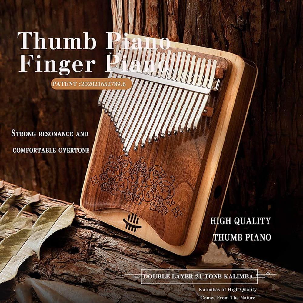 21 Keys Black Walnut and Maple Thumb Piano with metal tines in ascending order