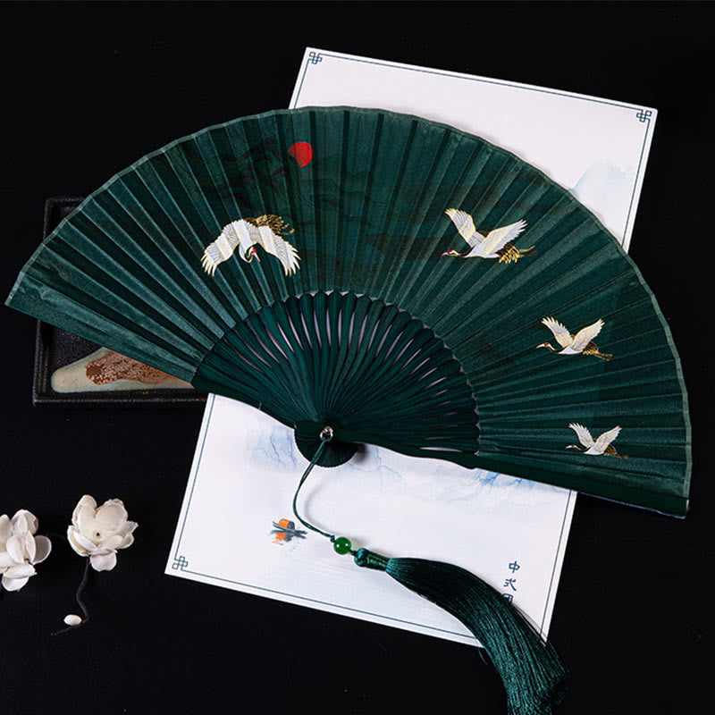21 cm großer chinesischer Faltfächer mit Kranich- und Glückswolken-Design