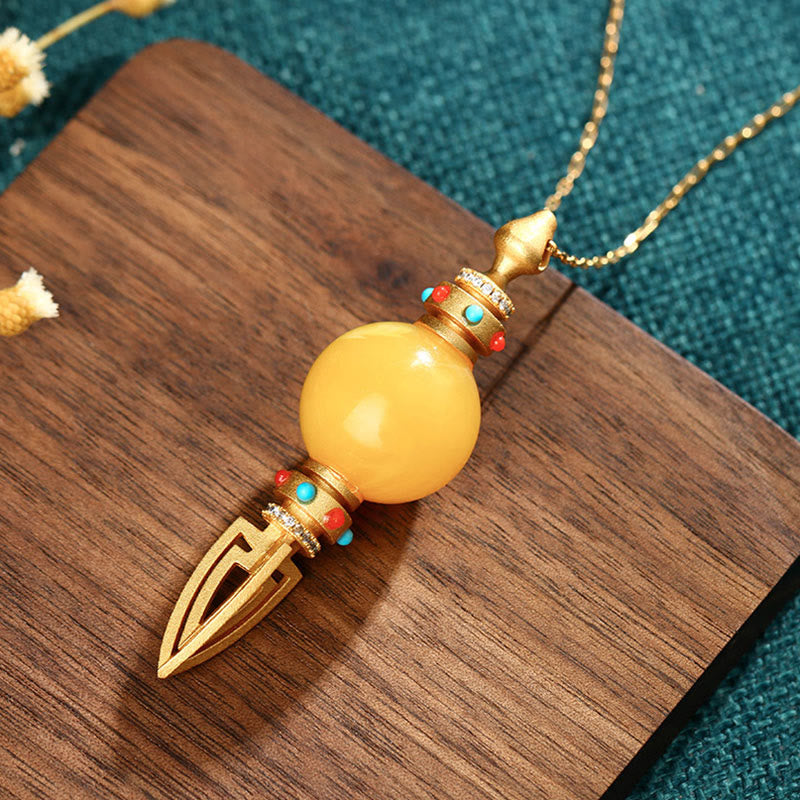 Amber Vajra 24K Gold Plated Spiritual Necklace Pendant