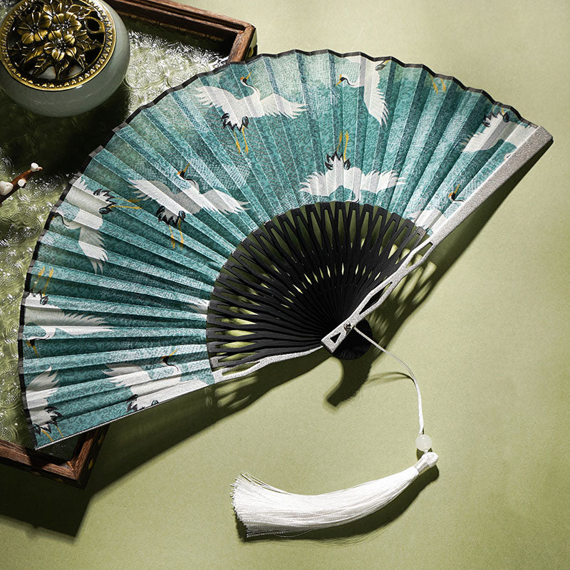 22,5 cm chinesischer Faltfächer | Blauer Kranich-Seiden-Bambusfächer