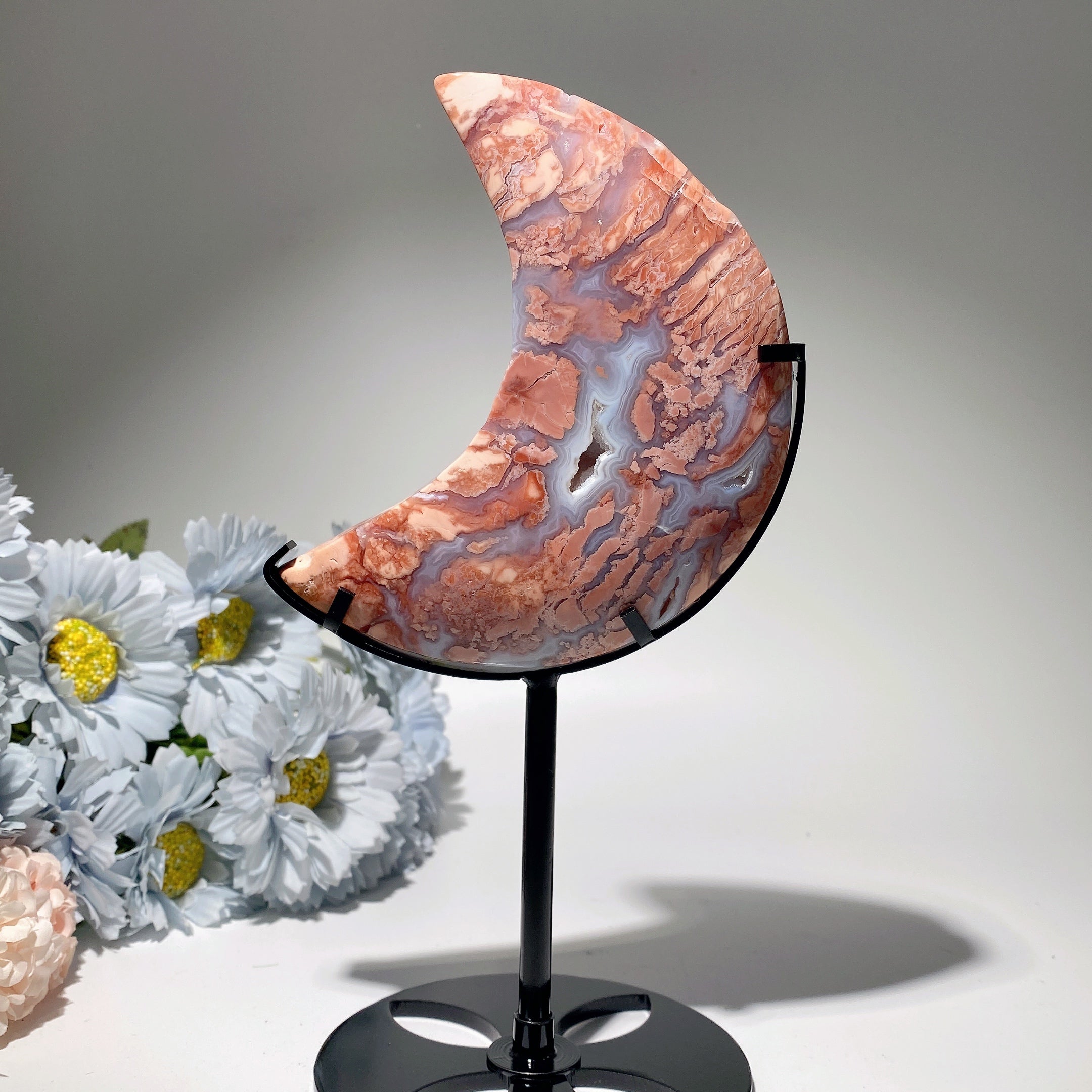 22,5 cm große rosafarbene Achat-Mondkristall-Skulptur