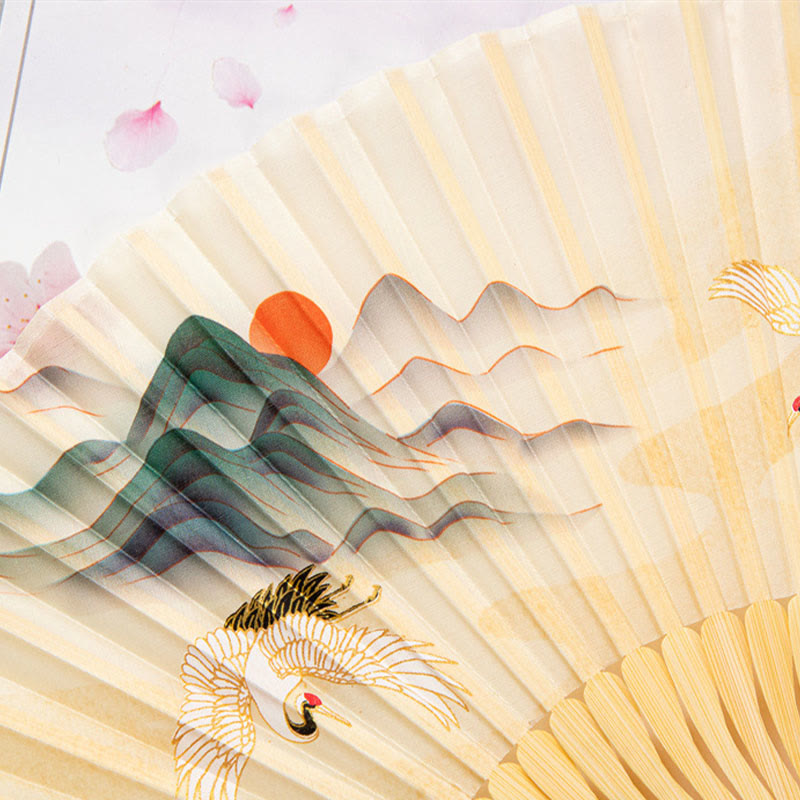 22 cm großer chinesischer Faltfächer aus Bambusseide mit weißem Kranich-Design