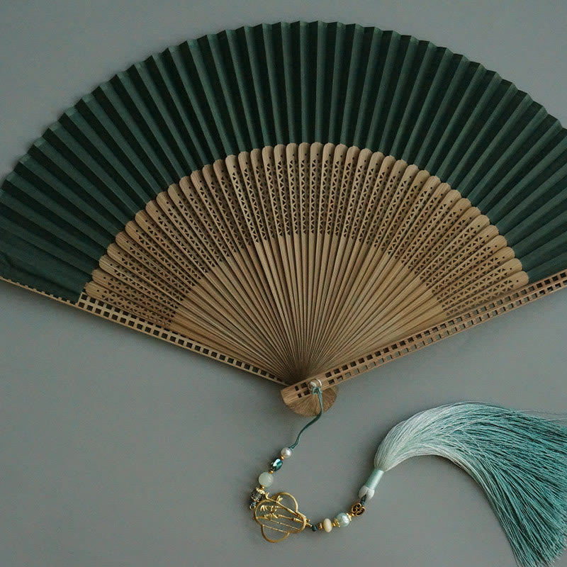 22 cm dunkelgrüner chinesischer faltbarer Handfächer aus Bambusseide