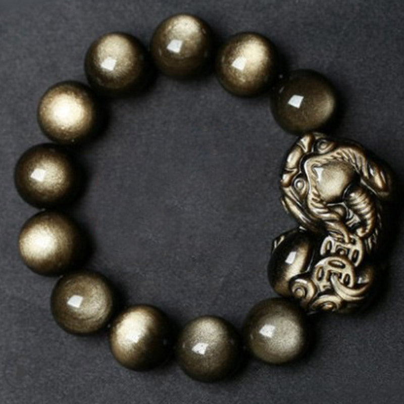 14 mm goldenes Obsidian-Pixiu-Schutzarmband