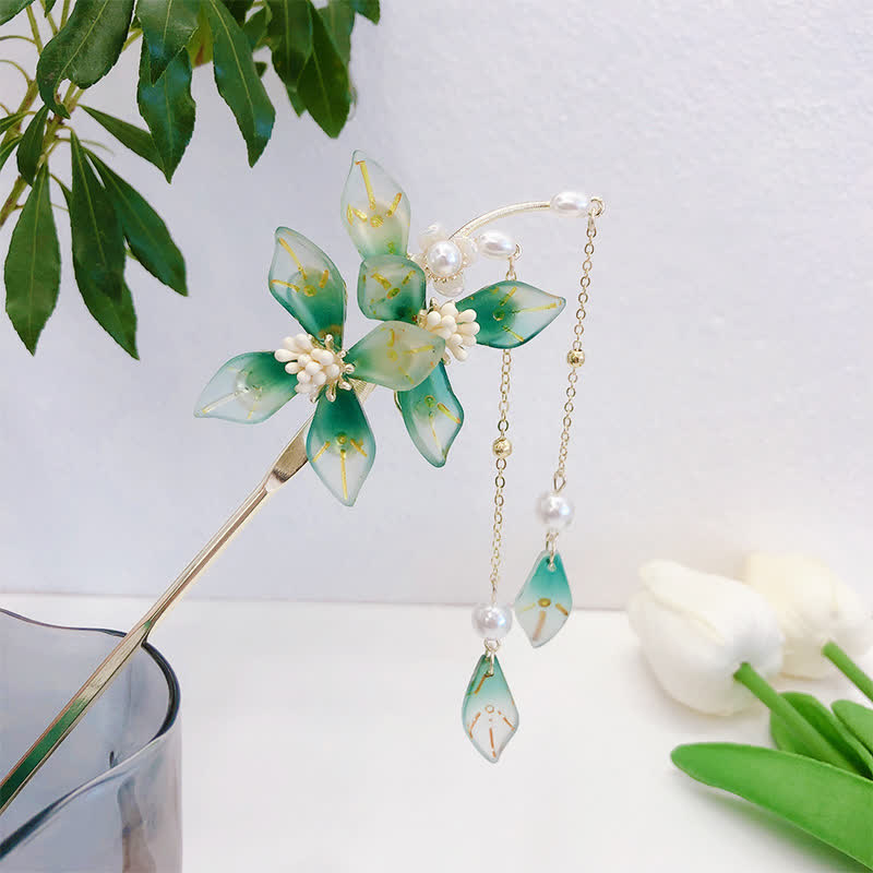 Haarnadel mit Perlen-Blumen-Blatt-Quaste für Ruhe und Reichtum