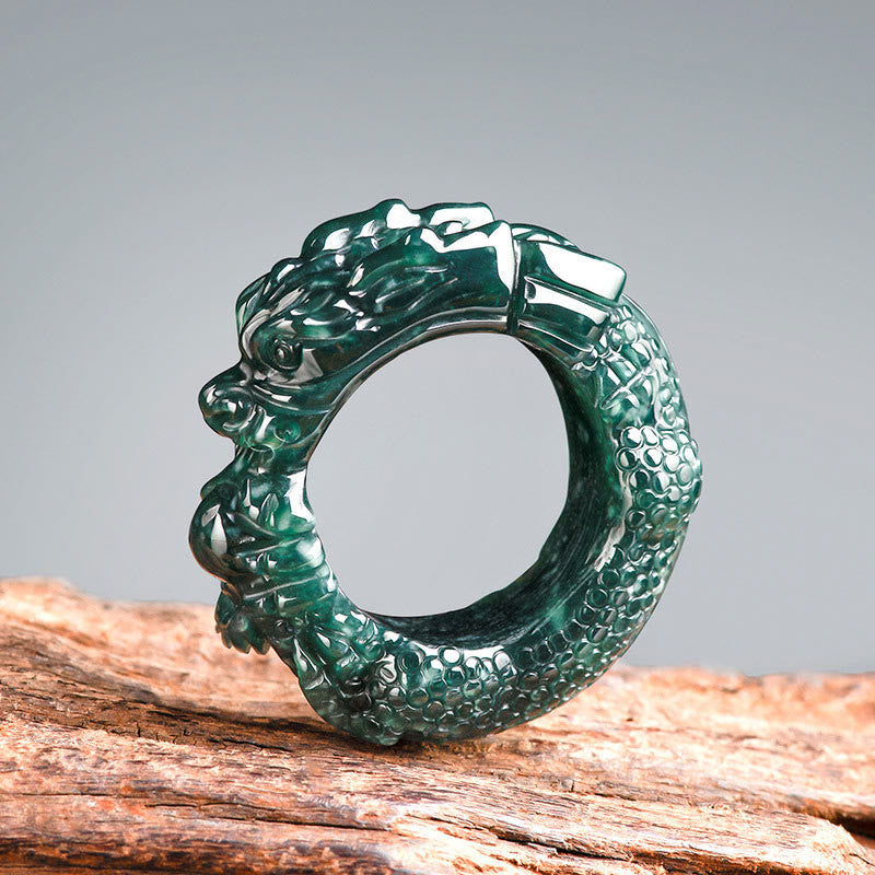 Cyan Jade Geschnitzter Erfolgsring mit Drachenmotiv, 21–22 mm