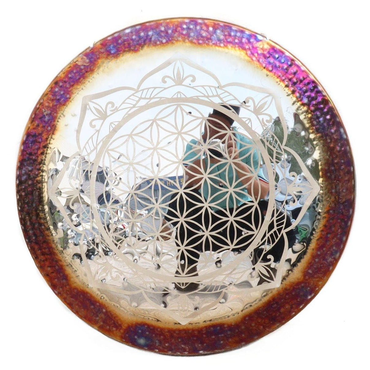 Iridescent glass orb with etched geometric Flower of Life design on 24 inch Wind Gong