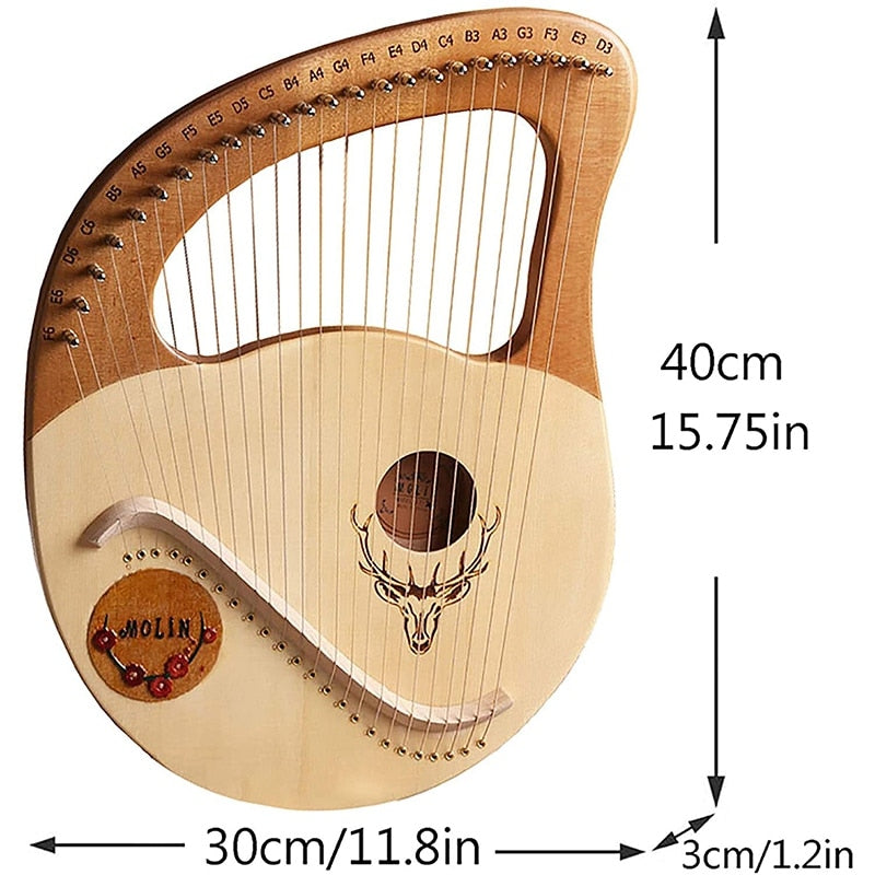 Wooden Lyre Harp Instrument featuring Deer Skull Design and Dual String Sections