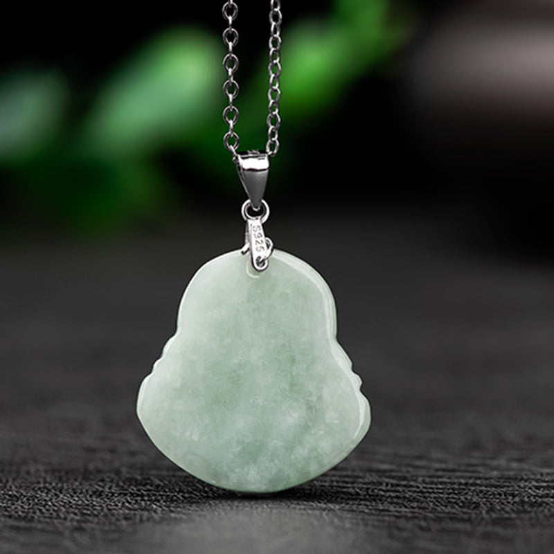 Halskette „Lachender Buddha“ aus 925er Sterlingsilber mit Jade für Wohlstand