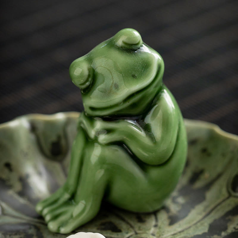 Ceramic Incense Burner | Lotus Leaf Meditation Frog 11cm
