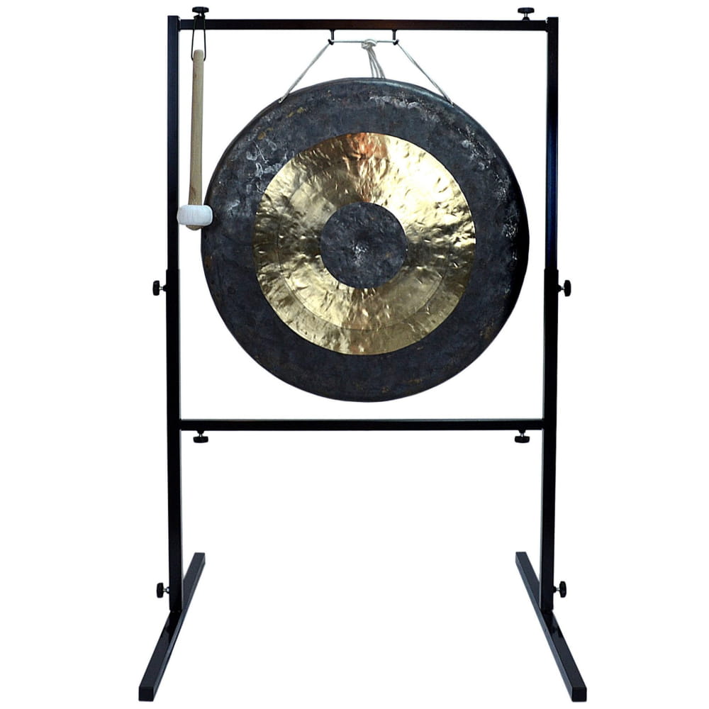 Traditional Chinese gong on black metal stand with mallet, 26 Inch Percussion Instrument