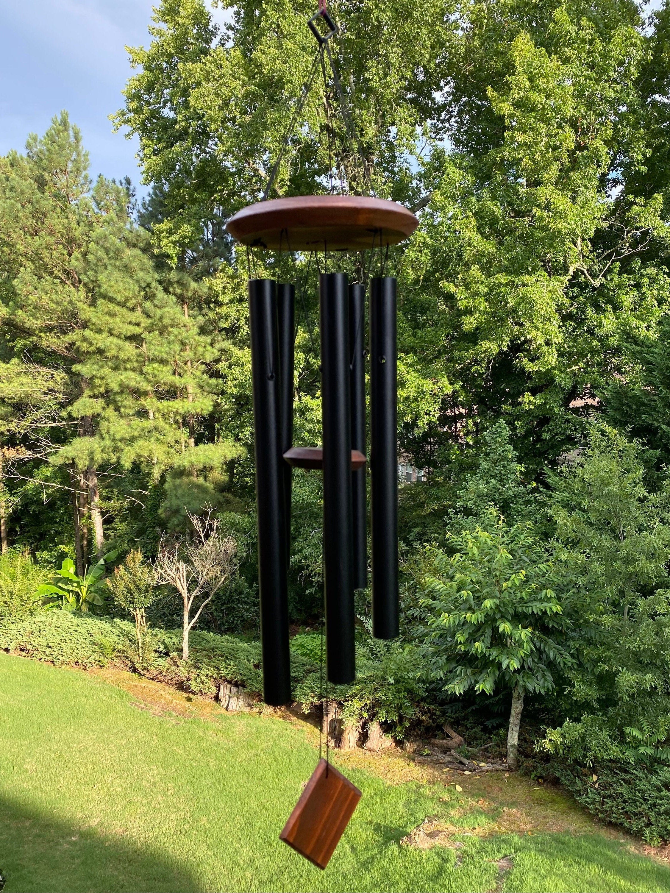 Black Metal Wind Chime with Wooden Top and Copper Striker for Outdoor Serenity