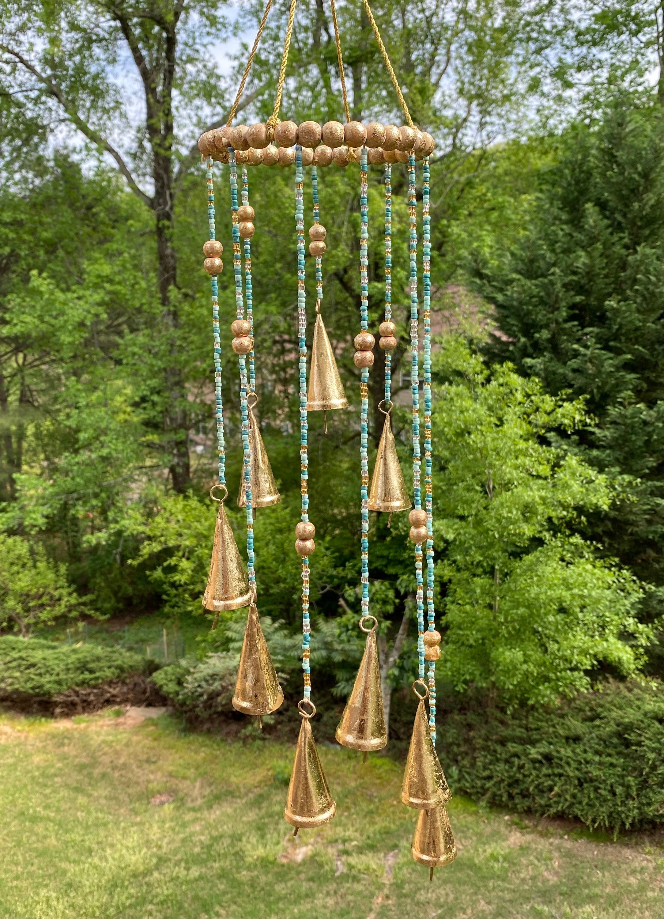 28-inch Gold and Teal Wind Chimes featuring golden bells and turquoise beads