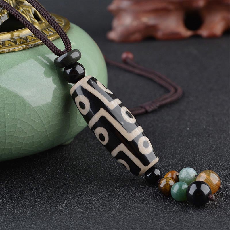 Nine-Eye Dzi Bead Obsidian Necklace 14mm Protection