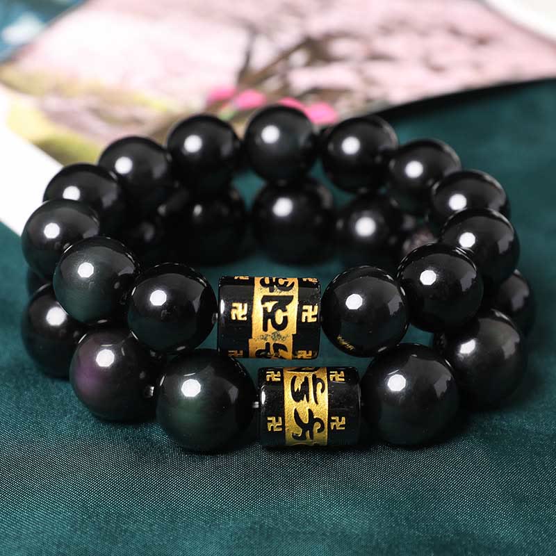 Rainbow Obsidian Om Mani Padme Hum Swastika Bracelet 14mm
