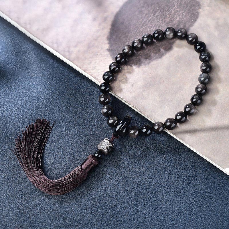 12 mm Silberglanz Obsidian Löwe Meditations-Mala für das Handgelenk