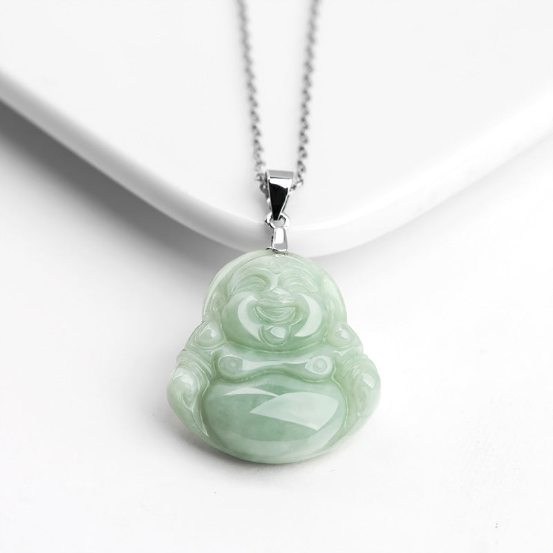 Halskette „Lachender Buddha“ aus 925er Sterlingsilber mit Jade für Wohlstand