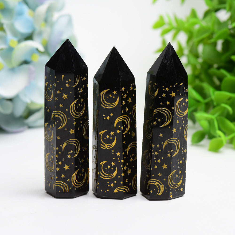 3.0-3.5 Inch Black Obsidian Crystal Point with Golden Moon Star Printing