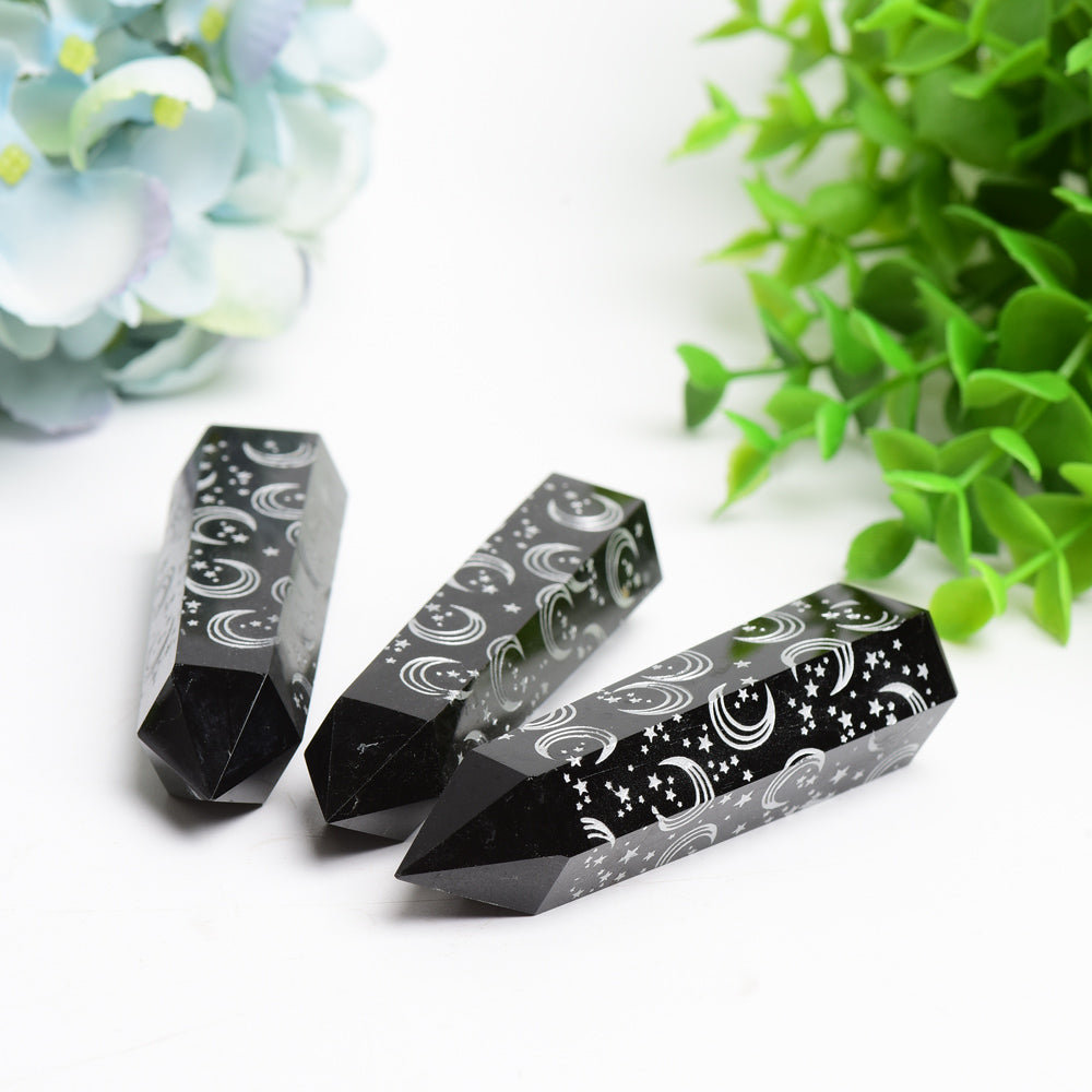 3.0-3.5 inch Black Obsidian Crystal Point with Silver Moon Star